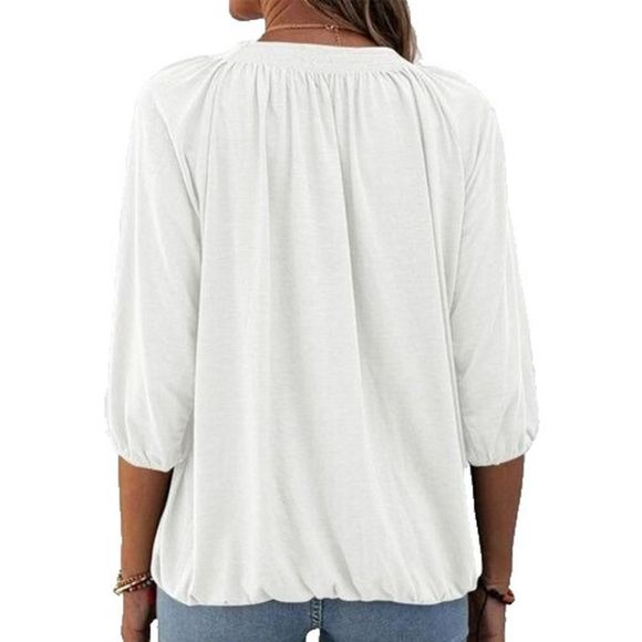 Simple Flavor White Half-Sleeve Smocked Crewneck Top S - Picture 2 of 2